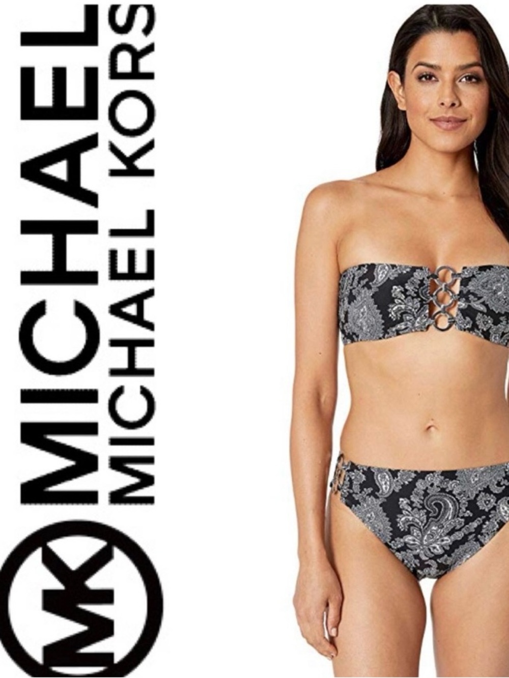 Michael Kors Black and Gray Paisley Bandeau Bikini Set with Silver Metal Detail